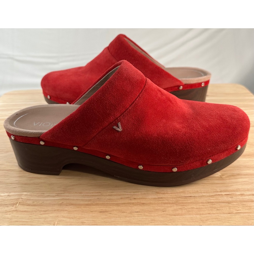 Vionic Kacie Red Suede Studded Clog Mules 10 Comfort Platform Wooden Look